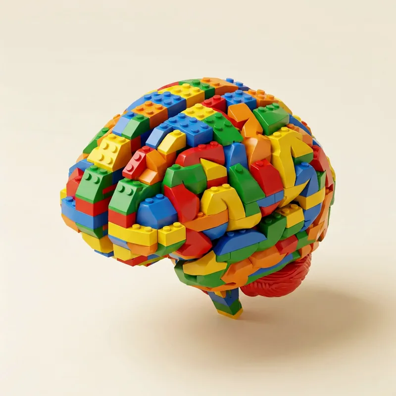 Creier construit din piese de LEGO colorate — fiecare minte e construită diferit